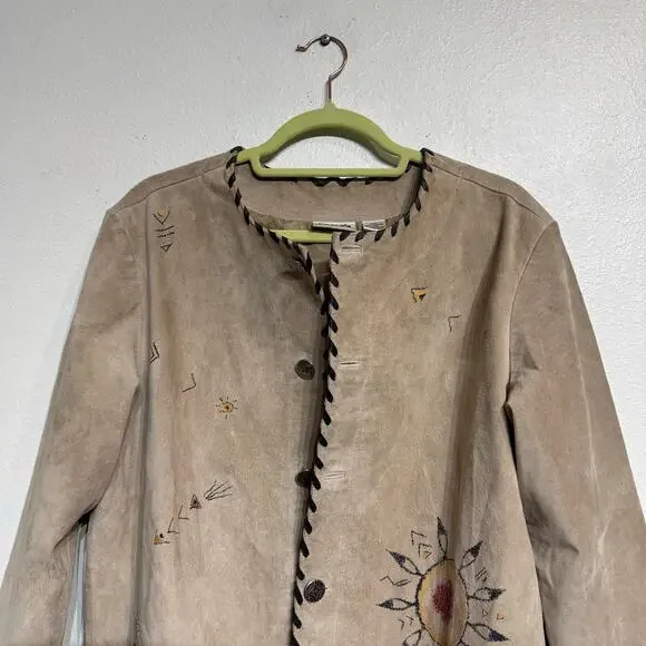 Chico's Tan Genuine Suede Leather Vintage Native Tribal Jacket Sz 2 - Picture 3 of 15